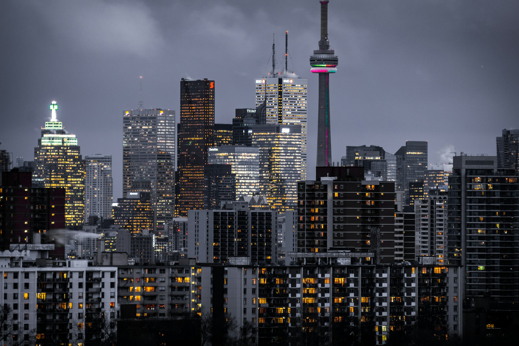 Modern city skyline at dusk
